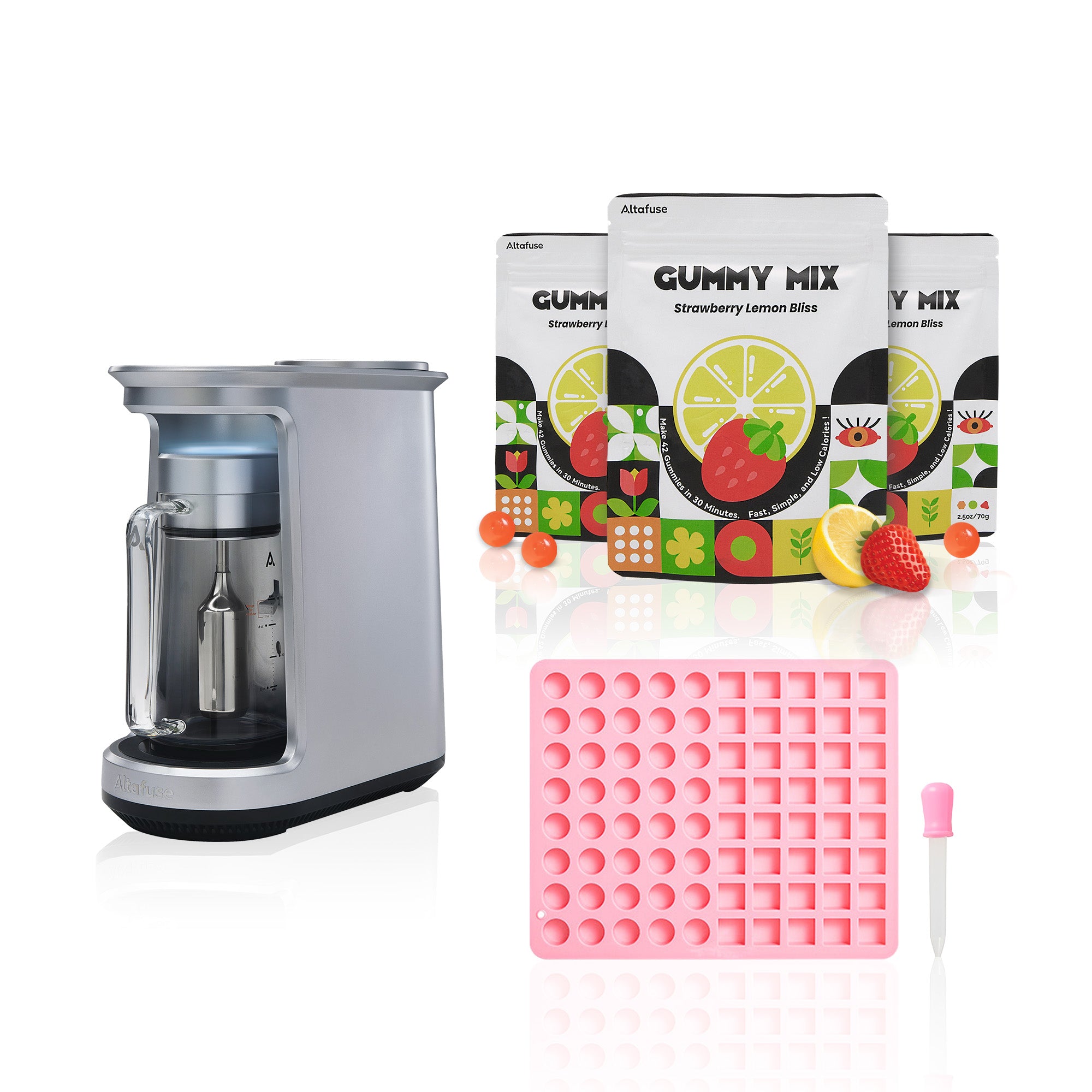 ALTA 1 Ultrasonic Infuser Machine with one pack of Gummy Mix (Strawberry Lemon Bliss) and an ice cube tray, ideal for making your own delicious gummy edibles at home with ease.