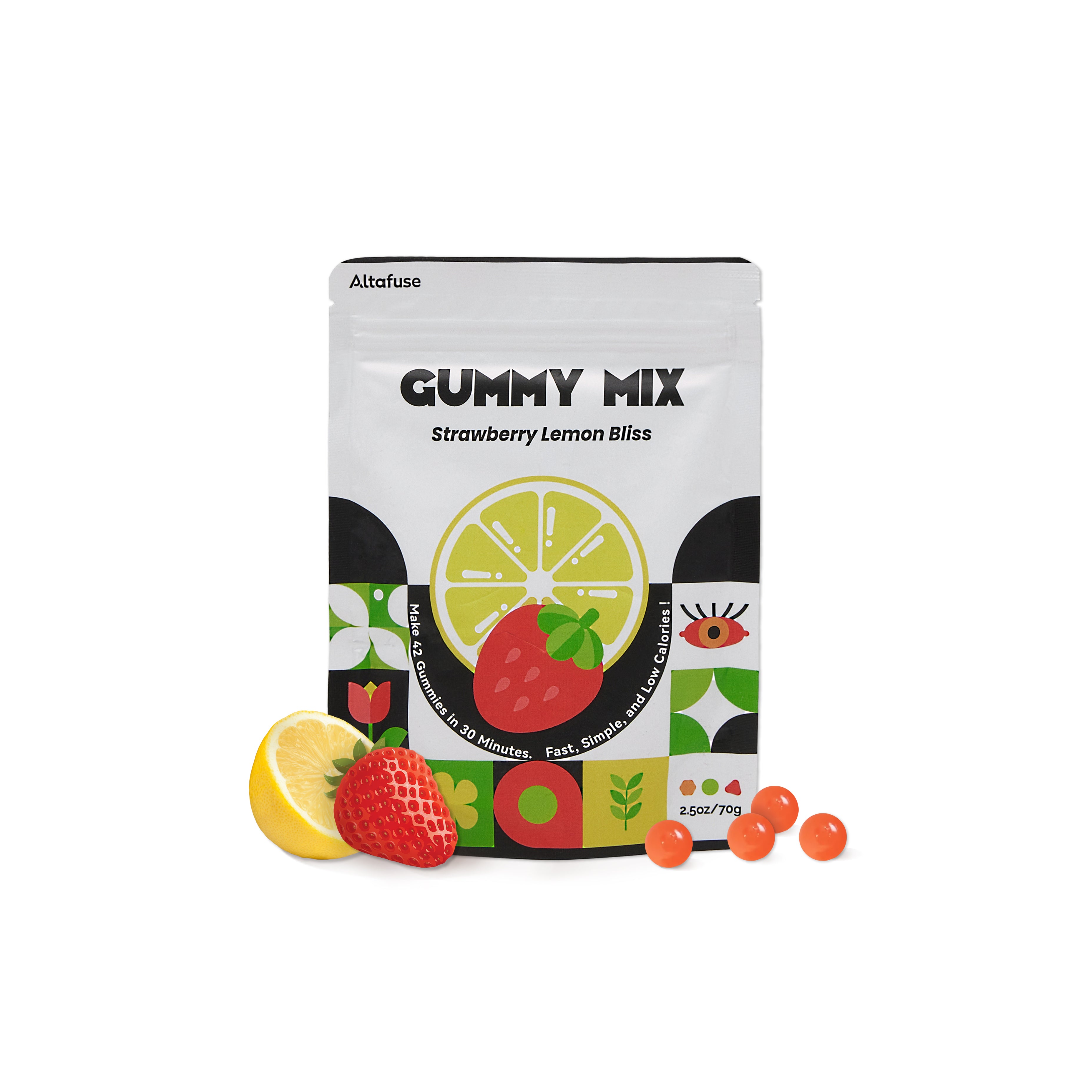 A single pack of Gummy Mix (Strawberry Lemon Bliss), ready to create 42 delicious gummies in just 30 minutes, offering a quick and low-calorie gummy-making experience.