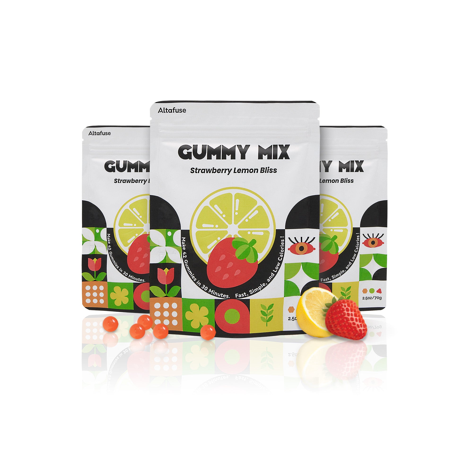 Three packs of Gummy Mix (Strawberry Lemon Bliss), perfect for making 126 gummies in just 30 minutes. Quick and easy to prepare with no mess, boiling, or long wait.